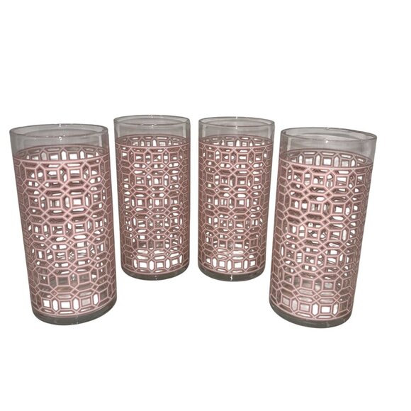 MCM Vintage Retro??? Pink & Clear Glass Tumblers With Modern Pattern Design 6 In - Picture 1 of 8